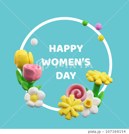 Realistic plasticine flowers on circle, 3D clay texture, dough craft sculpting creation, vector Happy womens day poster 107169154