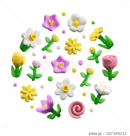 Plasticine different flowers, round composition 3D style, vector illustration Plasticine different flowers, round composition 3D style, vector illustration 107169212