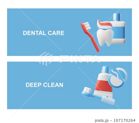 3D realistic oral care products, toothbrush, toothpaste, dental floss and rinse aid, dental hygiene vector flyers set 3D realistic oral care products, toothbrush, toothpaste, dental floss and rinse aid, dental hygiene vector flyers set 107170264
