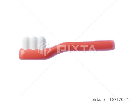 3D realistic toothbrush, dental tool for oral hygiene, nylon bristles and red plastic handle, vector render illustration 107170279