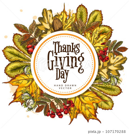 Round frame with autumn leaves, berries and nuts. 107170288