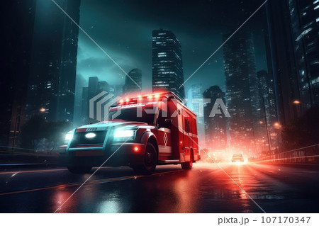 Emergency ambulance car fast driving on night city downtown district with motion blur. Emergency ambulance car fast driving on night city downtown district with motion blur. 107170347