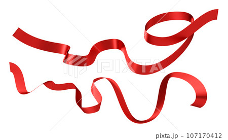 Red curved ribbons isolated on white background. Design elements for greeting card, invitation, advertising. Realistic ribbon. Merry Christmas, Birthday, Valentines Day celebration. 3D render. 107170412