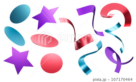 Colourful confetti isolated on white background. Shiny particles, close up view. Party, Merry Christmas, Happy New year, Birthday decoration. Cut out confetti parts, sequins, stars and ribbons. 3D. 107170464