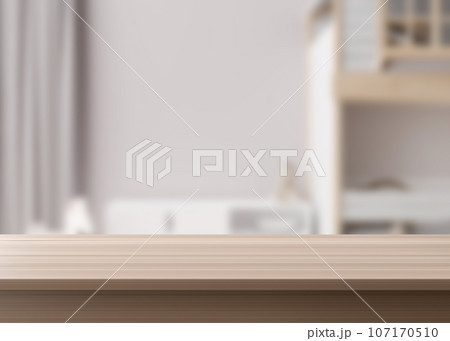 Empty wooden table top and blurred kids room interior on the background. Copy space for your object, product, toy presentation. Display, promotion, advertising. 3D Rendering. Empty wooden table top and blurred kids room interior on the background. Copy space for your object, product, toy presentation. Display, promotion, advertising. 3D Rendering. 107170510