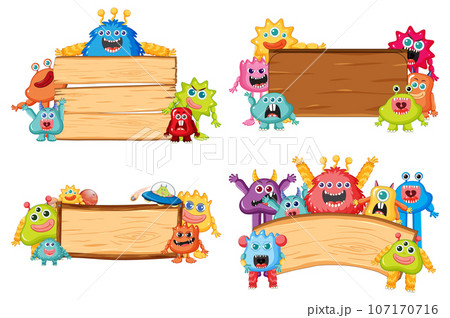 Cute Alien Monsters Cartoon Next to Wooden Frame Cute Alien Monsters Cartoon Next to Wooden Frame 107170716