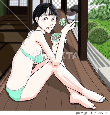Girl sitting on the floor and eating ice cream 16 Girl sitting on the floor and eating ice cream 16 107170726