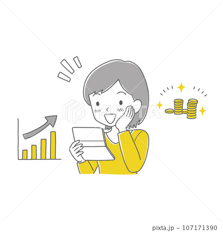 通帳の残高を見て喜ぶ女性のシンプルイラスト 107171390