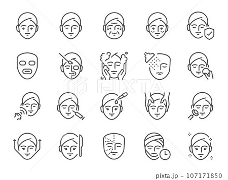 Facial icon set. It included face, cosmetic, plastic surgery, skin, and more icons. Editable Vector Stroke. 107171850