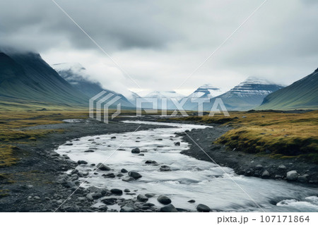 Mystical Iceland: Cloudy Mountain Landscape 107171864
