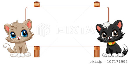 Two Cats Cartoon Standing in Front of Signboard Banner 107171992