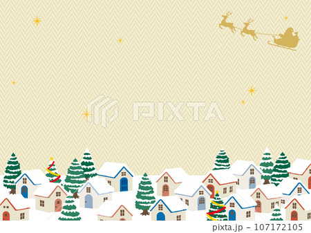 クリスマスの街並みとサンタクロース ベージュのヘリンボーン柄の背景 文字なし クリスマスの街並みとサンタクロース ベージュのヘリンボーン柄の背景 文字なし 107172105