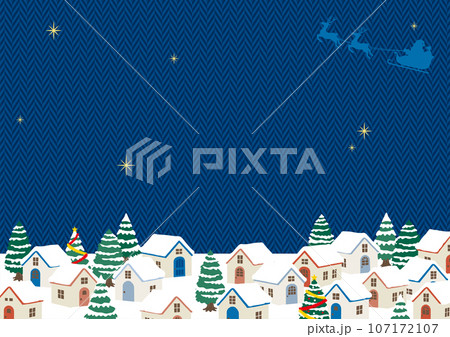 クリスマスの街並みとサンタクロース　青いヘリンボーン柄の背景　文字なし 107172107