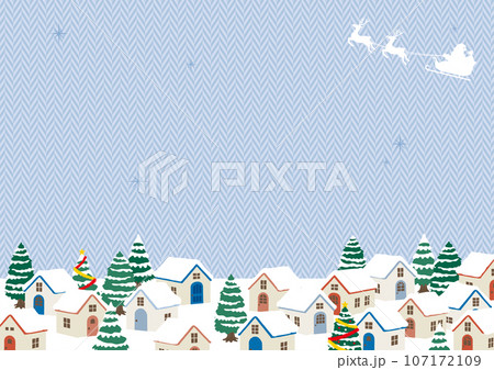 クリスマスの街並みとサンタクロース 水色のヘリンボーン柄の背景 文字なし クリスマスの街並みとサンタクロース 水色のヘリンボーン柄の背景 文字なし 107172109