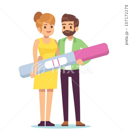 Husband and wife are happy, holding positive pregnancy test in their hands. Family planning. People waiting baby birth. Man and woman expecting kid. Cartoon flat isolated vector concept Husband and wife are happy, holding positive pregnancy test in their hands. Family planning. People waiting baby birth. Man and woman expecting kid. Cartoon flat isolated vector concept 107172278