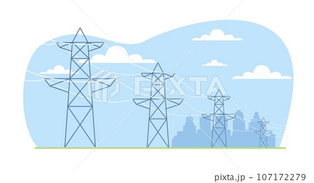 High voltage distribution grid supports transmit electrical power to city. Electric transmission. Industrial landscape. Lines and towers. Cartoon flat style isolated vector concept High voltage distribution grid supports transmit electrical power to city. Electric transmission. Industrial landscape. Lines and towers. Cartoon flat style isolated vector concept 107172279