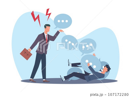 Hate speech, bullying, aggressive businessman yells at coworker throwing verbal bubbles at him. Aggressor and victim employee, conflict at work cartoon flat style isolated vector concept Hate speech, bullying, aggressive businessman yells at coworker throwing verbal bubbles at him. Aggressor and victim employee, conflict at work cartoon flat style isolated vector concept 107172280