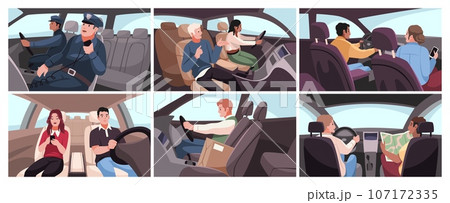 Drivers and passengers in car interiors. People in private cars, police officers in company vehicle, delivery service, automobile interior different side view. Cartoon flat tidy vector set Drivers and passengers in car interiors. People in private cars, police officers in company vehicle, delivery service, automobile interior different side view. Cartoon flat tidy vector set 107172335