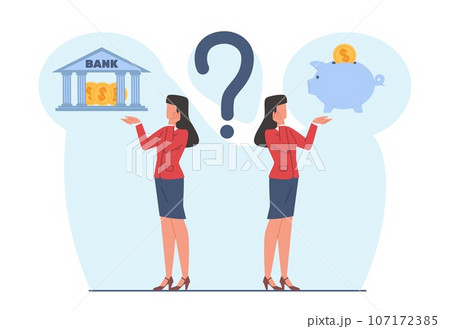 Concept of storing personal finances, woman chooses between bank and piggy bank. Budget planning. Money savings investment and funding. Loan and economy choice. Vector cartoon flat illustration Concept of storing personal finances, woman chooses between bank and piggy bank. Budget planning. Money savings investment and funding. Loan and economy choice. Vector cartoon flat illustration 107172385
