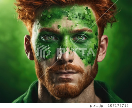 Red-haired man with clover on St. Patrick's Day. 107172713