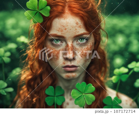 Red-haired woman with clover on St. Patrick's Day. 107172714