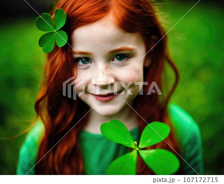 Red-haired girl with clover on St. Patrick's Day. 107172715