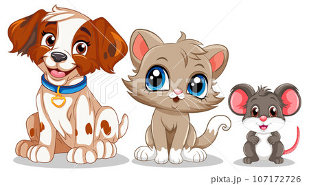 Playful Animal Friends with Cute Cartoon Dog, Cat and Mouse 107172726