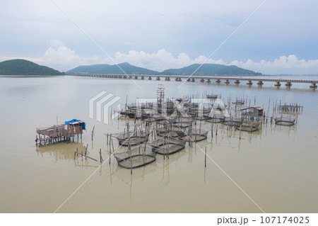 Aerial view of fishing trap net in canel with fisherman urban city village town houses, lake or river. Nature landscape fisheries and fishing tools at Pak Pha, Songkhla, Thailand. Aquaculture farming Aerial view of fishing trap net in canel with fisherman urban city village town houses, lake or river. Nature landscape fisheries and fishing tools at Pak Pha, Songkhla, Thailand. Aquaculture farming 107174025