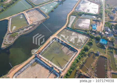 Aerial view of natural sea salt ponds, lake or sea. Farm field outdoor in traditional industry in Thailand. Asia culture. Agriculture irrigation. River reflection. 107174038