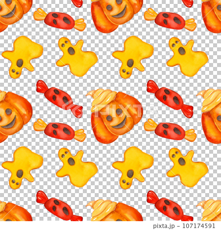 Jack-o-lantern, sweets and a ghost. Creepy watercolor illustrations in a seamless pattern for Halloween celebration Jack-o-lantern, sweets and a ghost. Creepy watercolor illustrations in a seamless pattern for Halloween celebration 107174591