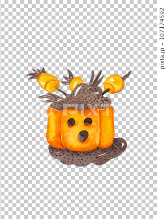 Pumpkin with filling and decorations in the form of wooden sticks with marshmallows. Isolated watercolor illustration for your Halloween design. Ideal for clipart, posters, seamless pattern elements Pumpkin with filling and decorations in the form of wooden sticks with marshmallows. Isolated watercolor illustration for your Halloween design. Ideal for clipart, posters, seamless pattern elements 107174592