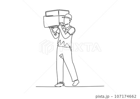Continuous one line drawing young happy delivery courier man gives thumbs up gesture while lift up carton box packages. Delivery service business. Single line draw design vector graphic illustration 107174662