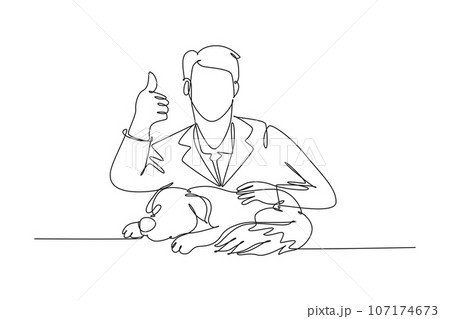 Single one line drawing young happy veterinarian doctor pose thumbs up gesture after treating sick dog at clinic. Pet healthcare concept. Modern continuous line draw design graphic vector illustration Single one line drawing young happy veterinarian doctor pose thumbs up gesture after treating sick dog at clinic. Pet healthcare concept. Modern continuous line draw design graphic vector illustration 107174673
