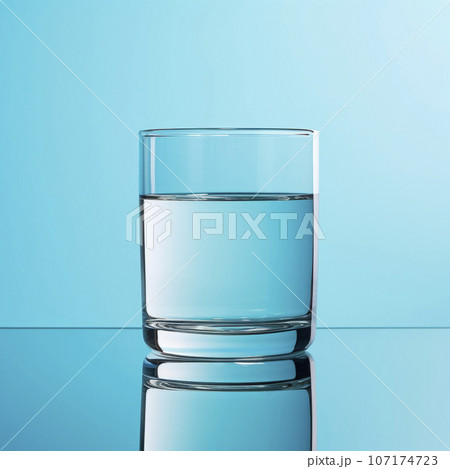 A glass of clean drinking water on a light blue background 107174723