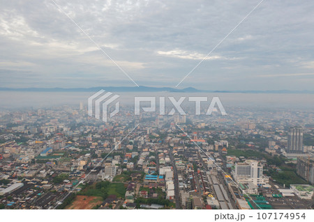 Aerial view of residential neighborhood roofs. Urban housing development from above. Top view. Real estate in Phuket, southern province city, Thailand. Property real estate. 107174954