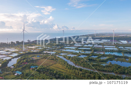 Aerial view of wind turbines or windmills farm field and sea shore beach in industry factory. water power, sustainable green clean energy, and environment concept. Nature innovation. Aerial view of wind turbines or windmills farm field and sea shore beach in industry factory. water power, sustainable green clean energy, and environment concept. Nature innovation. 107175119