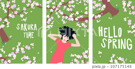 japanese woman on the grass admiring sakura japanese woman on the grass admiring sakura 107175148