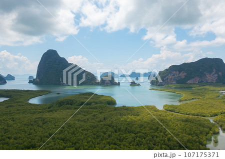 Aerial top view of Samet Nangshe, Phang Nga, lush green trees from above in tropical forest in national park in summer season. Natural landscape. Pattern texture background. 107175371