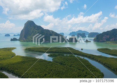 Aerial top view of Samet Nangshe, Phang Nga, lush green trees from above in tropical forest in national park in summer season. Natural landscape. Pattern texture background. 107175396