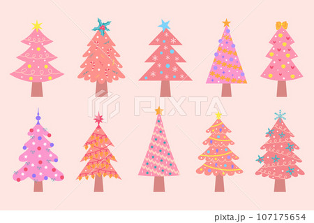 Pink christmas trees set. Cute pastel decorated Christmas trees with baubles and garlands. Winter holidays glamour decorative collection. Pink christmas trees set. Cute pastel decorated Christmas trees with baubles and garlands. Winter holidays glamour decorative collection. 107175654