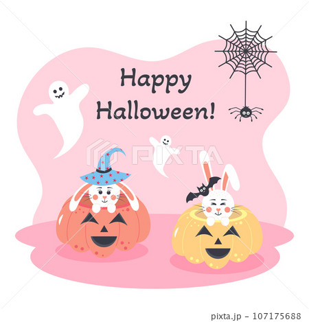 Cute bunnies sitting in pumpkins. Happy Halloween card. Halloween rabbits with spider, web, bat, ghosts in pastel colors on pink background. 107175688