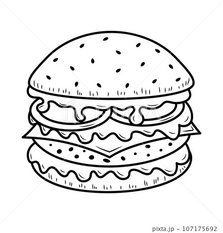 Hamburger with cheese, vegetables and cutlet. Fast food linear icon. American street food. Hand drawn doodle illustration. 107175692