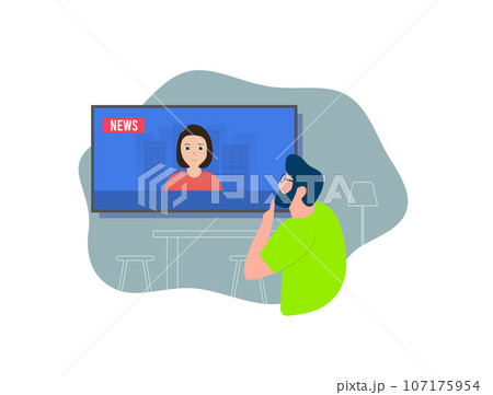 Lonely bearded man with glasses thoughtfully watches breaking live tv news. Kitchen interior. Spending time, rest, recreation with live news watching. Vector illustration isolated on white background Lonely bearded man with glasses thoughtfully watches breaking live tv news. Kitchen interior. Spending time, rest, recreation with live news watching. Vector illustration isolated on white background 107175954