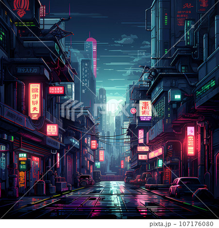 Cyberpunk Retro Futuristic City with Neon Lights 107176080