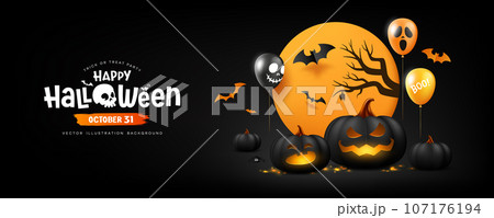 Happy Halloween party black pumpkins balloon on moon night banner design on black background 107176194