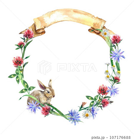 Wreath of wildflowers chamomile, clover, chicory and rabbit. Watercolor illustration isolated on white background. Greeting cards, invitations, flyers 107176688
