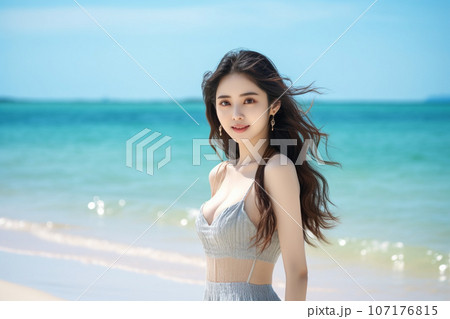 ビーチを楽しむ笑顔の女性(水着・ビキニ) ビーチを楽しむ笑顔の女性(水着・ビキニ) 107176815