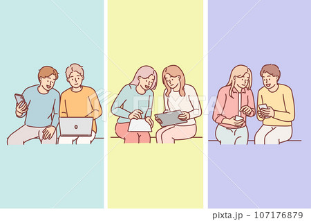 Group of people do teamwork and use laptop and phone or digital tablet to complete office tasks 107176879