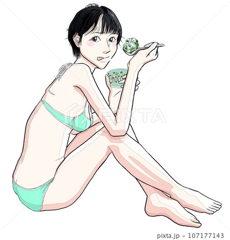 床に座りアイスクリームを食べる女の子25 床に座りアイスクリームを食べる女の子25 107177143