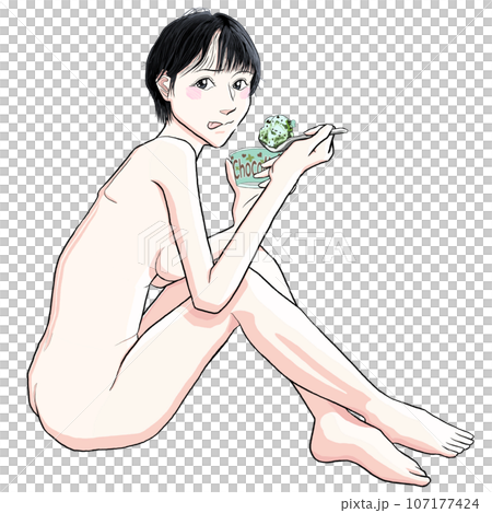 Girl 30 sitting on the floor and eating ice cream Girl 30 sitting on the floor and eating ice cream 107177424